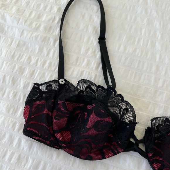 Rare VTG 1980s Victoria's Secret Pink and Black Lace Balconette Bra, 34B - Picture 7 of 11